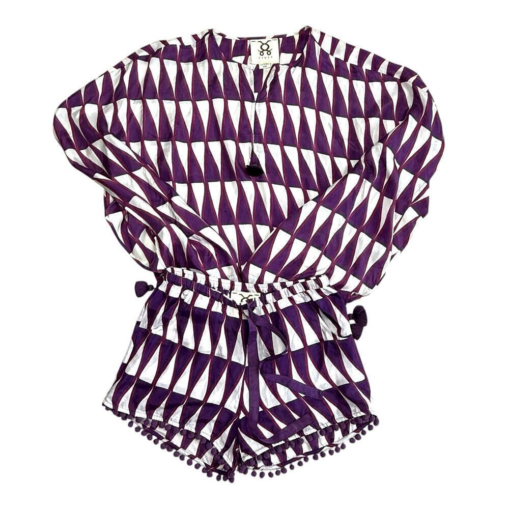 Figue 100% Silk Purple Kimono Kaftan Pom Lounge Set XS/Small - Picture 6 of 9